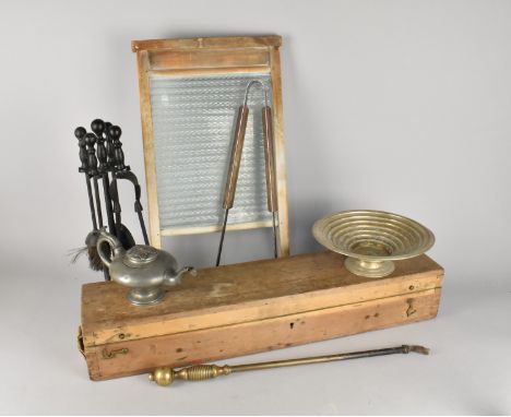A Collection of Various Vintage and Later Items to Comprise Pine Box, Washboard, Pewter Teapot, Fire Iron Companion Set etc