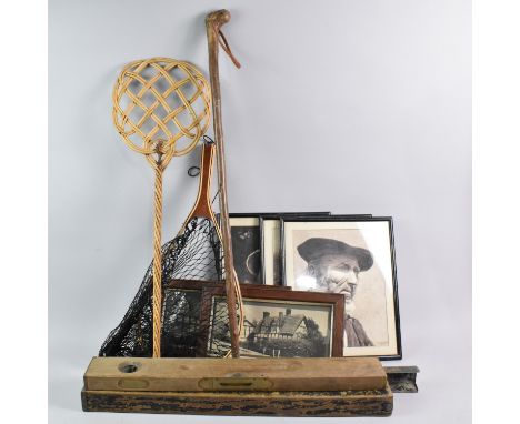 A Collection of Sundries to include Cased Vintage Spirit Level, Three Framed Photographs, Bamboo Carpet Beater, Rustic Walkin