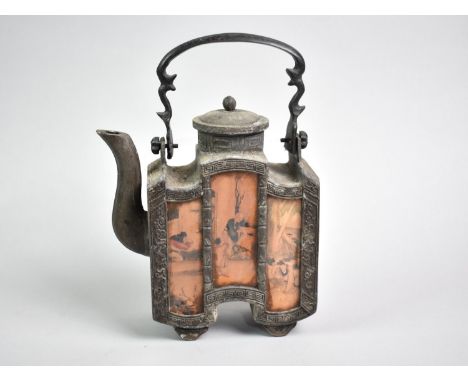 A Reproduction Chinese Qing Dynasty Teapot, Pewter and Reverse Painted, 20cms High
