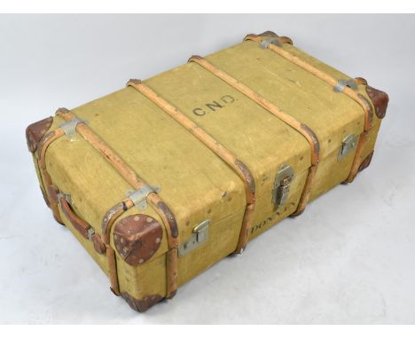 A Leather and Canvas Bound Travelling Trunk Inscribed Domman, 93cms Wide