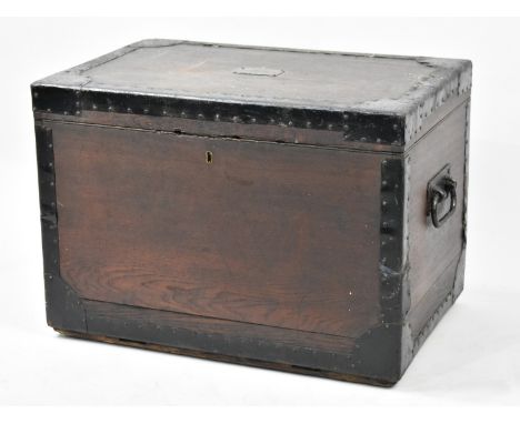 A Vintage Metal Bound Traveling Trunk with Engraved Escutcheon for "Edward Corbett Esq", 58cms Wide