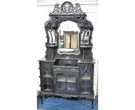 A Late Victorian Ebonized Break Fronted Mirror Backed Chiffonier with Glazed Doors to Base Centre Cupboard, Centre Drawer Ove