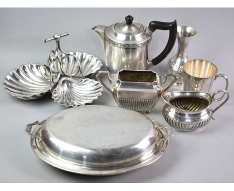 A Collection of Silver Plate to include Entree Dish, Cream Jug and Sugar Bowl, Trefoil Dish Etc