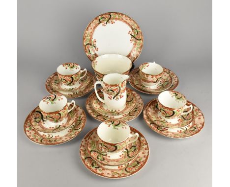 An Edwardian Imari Trim Tea Set with Art Nouveau Stylised Design to Comprise Five Cups, Six Saucers, Six Side Plates, Slop Bo