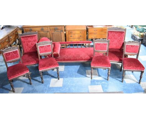 An Edwardian Seven Piece Salon Suite to comprise Daybed, Ladies and Gents Armchairs and Four Side Chairs, all in Cut Moquette