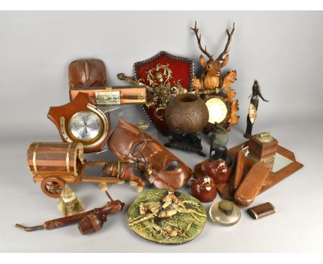 A Collection of Various Mid Century and Later Items to Comprise Resin Stag Thermometer, Oak Shield Barometer, Souvenir Tribal