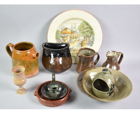 A Collection of Glazed Studio Potterywares to include Jug, Bedchamber Stick, Salt Pig, Vase Etc