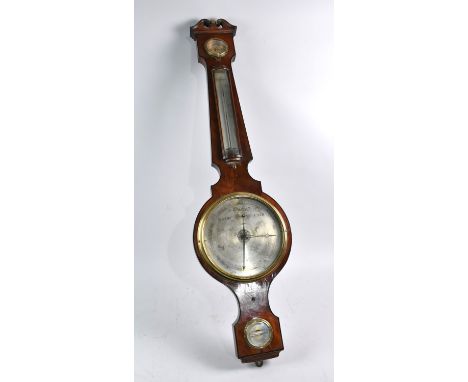 A 19th Century Mahogany Framed Wheel Barometer with Thermometer and Hydrometer, Swan Neck Cornice