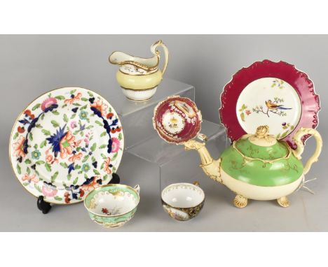 A Collection of Various 19th Century Ceramics to Comprise H&amp;R Daniel Type Green Ground Teapot and Cover (C.1830-32) of 'S