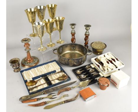 A Collection of Various Silver Plate to Comprise Goblets, Flatware, Barley Twist Candlesticks, Sheffield Plated Candlestick e