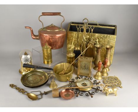 A Collection of Various Metalwares to Comprise Late 19th/Early 20th Century Copper Kettle, Brass Saucepan, Relief Magazine Ra