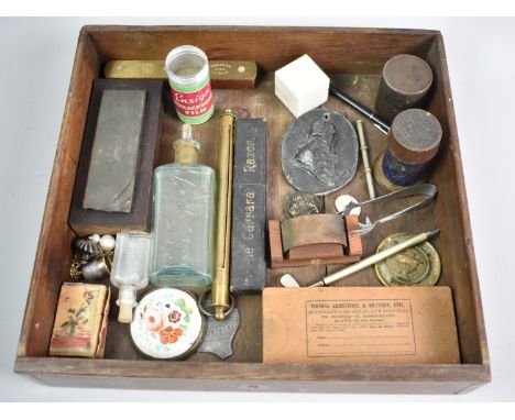 A Collection of Various Curios to include Spring Balance, Sharpening Stone, Spirit Level, Badges, Razor, Vintage Bottle Etc