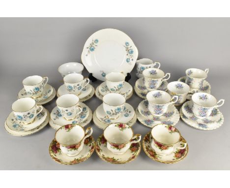 A Royal Grafton Blue Rose Tea Set for Six to Comprise Cups, Saucers, Side Plates, Cake Plate, Sugar Bowl and Hug, a Part Rich