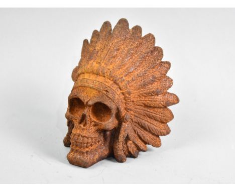 A Novelty Rusted Cast iron Study of Skull wearing American Native American Chief Feather Headdress, 14cms High