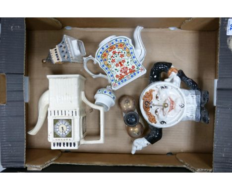 A collection of Novelty teapots to including Kensington Price  Big Ben, Leggy Clock &amp; Past Time Floral item 