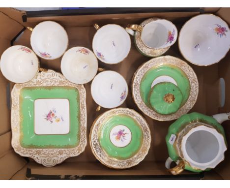 Spode Ruskin pattern tea set consisting of a Teapot, 5 cups, 6 saucers, 6 side plates, milk/sugar &amp; cake plate (a/f) 