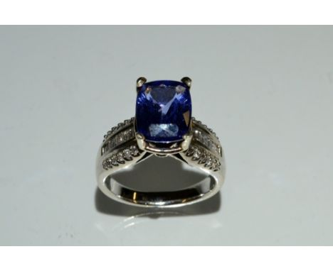 A Tanzanite and diamond ring, central cushion cut rectangular tanzanite approx 4ct, flanked to either side by twenty one roun