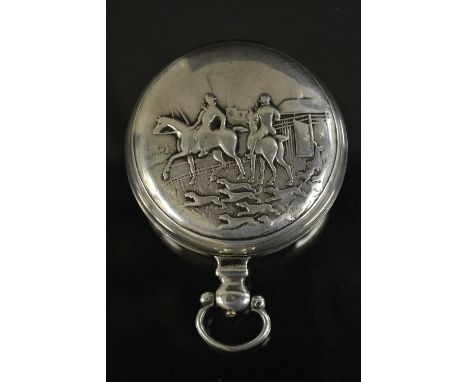 A George III silver verge fusee hunter cased pocket watch, Joseph Huggins, Huddersfield, white enamel dial, bold Roman numera