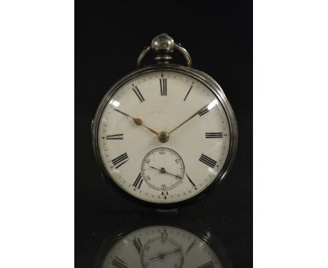 A Victorian silver open face pocket watch, J Hutchison, Brechin white enamel dial, bold Roman numerals, minute track, subsidi
