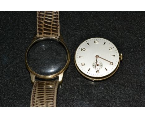 A vintage 1950s Gentleman's 9ct gold wristwatch, unnamed silvered dial, alternating Arabic numerals and Arrow batons, subsidi