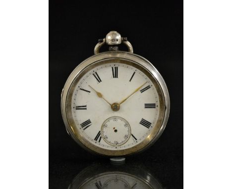 A Victorian silver open face pocket watch, white enamel dial, bold Roman numerals, minute track, subsidiary seconds, gold spa