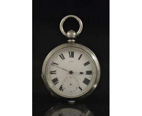A continental fine silver open face pocket watch, white enamel dial, bold Roman numerals, minute track, subsidiary seconds, b