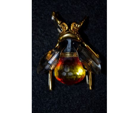 Daniel Swarovski - a crystal glass and silver gilt insect Paradise Bee brooch, fire opal effect body, stamped SD 925, 42mm lo