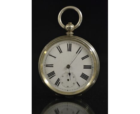 A Victorian silver open face pocket watch, white enamel dial, bold Roman numerals, minute track, subsidiary seconds, blued sp
