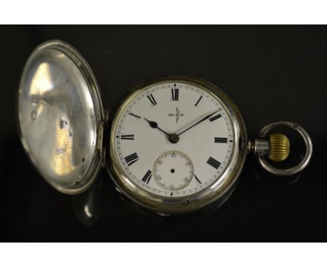 An Edwardian silver hunter pocket watch, white enamel dial, bold Roman numerals, minute track, subsidiary seconds, blued spad