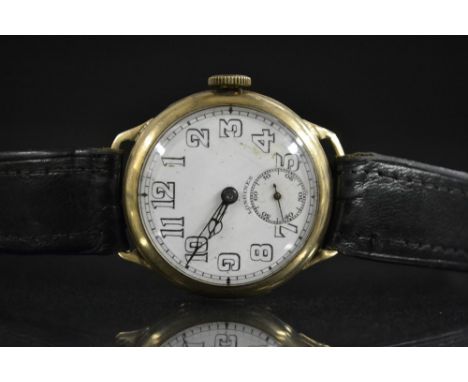 Longines - a vintage 1940s gold cased trench wristwatch, white enamel dial, Arabic numerals, minute track, subsidiary seconds