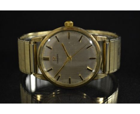 Omega- a vintage 1960s gentleman's 9ct gold mechanical wristwatch, brushed silvered dial, block batons, minute track, centre 