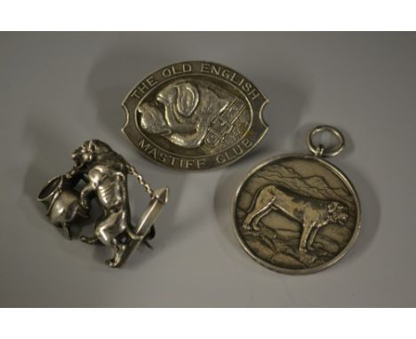 An unusual silver Old English Mastiff club oval portrait panel brooch, W H Darby & Sons, Birmingham 1976;  another , chained 
