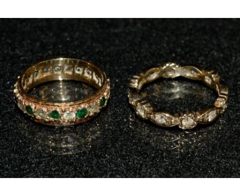 A 9ct gold diamond and emerald effect eternity ring, 9ct gold shank, size K; another 9ct gold CZ eternity ring, size L, 5g gr