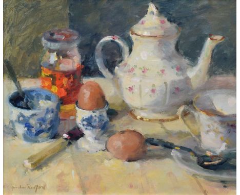 Gordon Radford (British 1936-2015), "Breakfast", signed, titled and dated 1999 on verso, oil on board, 24 x 29cm, 9.5 x 11.5i