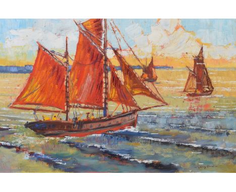 Gerry Blood (1932-2005), Coastal view with sailing boats, signed, oil on canvas, 49.5 x 75.5cm, 19.5 x 29.75in.Artists’ Resal