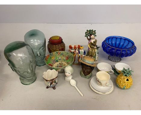 Glass and pottery collectables, to include two glass display heads, reproduction stafford shire figures, 19th century mistral