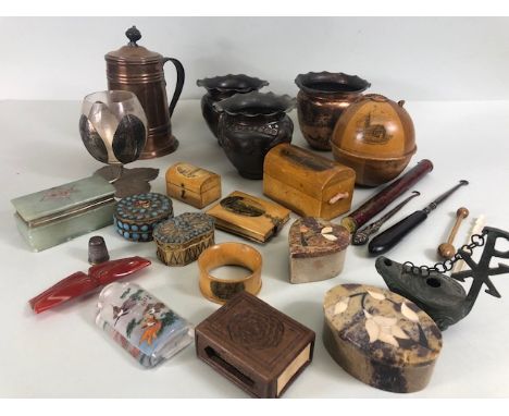 Collection of miscellaneous collectables to include arts and crafts copper pots, matchbox holder, Mauchline ware, Lilly vase,