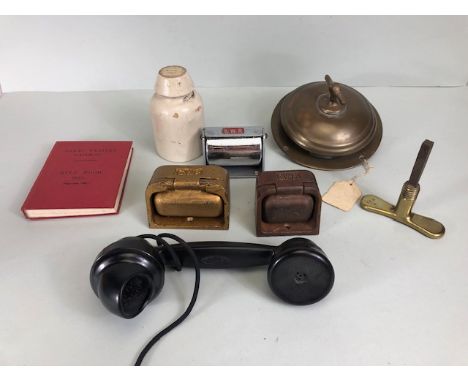 Railway interest  memorabilia,  Three  GWR  seat ash trays, brass carriage ceiling vent cover, brass carriage handle. GWR mar