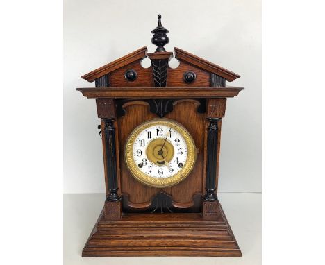 Antique Clock, Oak cased Mantel clock, white dial with stylised Arabic numerals,  Fattorini & Sons Bradford, Patent automatic