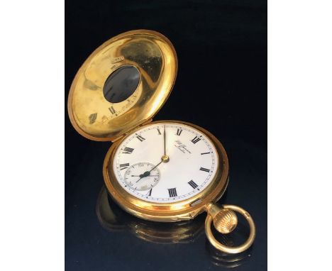 Antique jewellery and watches, 18ct gold half hunter pocket watch, white face with Roman numerals and inset second dial J W B