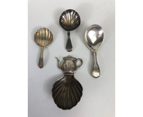 Antique Georgian and Victorian Silver,Tea caddy spoons, Two of shell design, one plain, one shell with teapot handle, total a