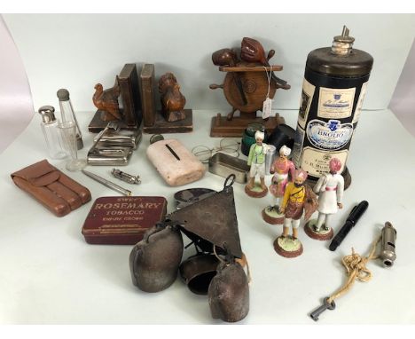 Collection of antique collectables, to include Pipes, whistles, goat bells, hip flasks cigar case, wooden turkey book ends, t