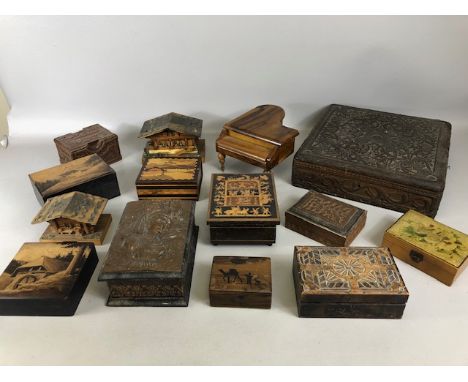 Antiques and collectables, a collection of decorative wooden boxes to include carved oriental, puzzle box, black forest music