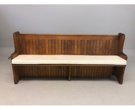 Antique furniture, English Blond Oak Church pew, vertical slatted back, one plank seat, bible and foot rest at rear, interest