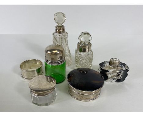 Antique and vintage silver, collection of silver mounted glass perfume bottles,  silver powder pot with faux tortoise shell l