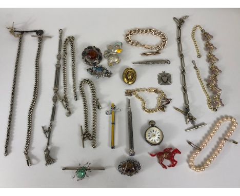 Antique and Vintage Costume jewellery, to include, pocket watch chains, brooches, bracelets, ladies fob watch, etc