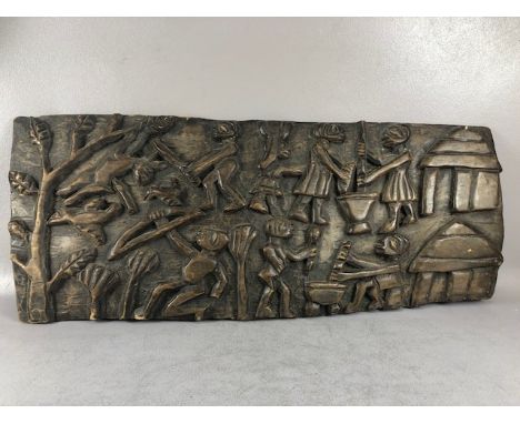 Tribal art, Old  African carved wooden oblong panel depicting village life, approx 84cm x 34cm