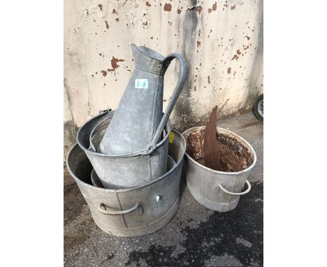 Garden interest, collection of galvanised metal ware, buckets, pitcher planters etc 