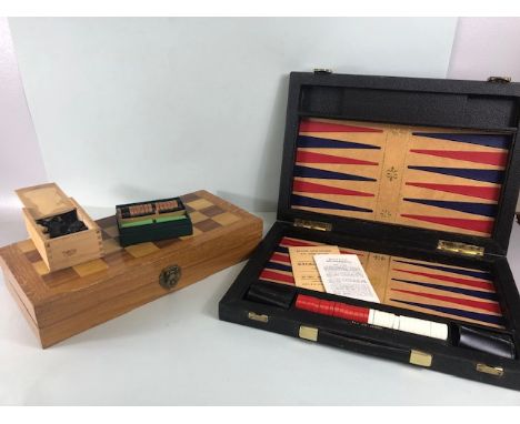 Vintage backgammon set by K&C ltd London along with a wooden chess and checkers set with folding board 