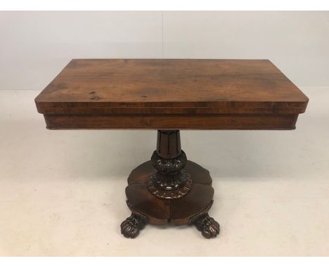 Antique Furniture, 19th century Rosewood card table, central column base with lion paw feet, folding top with green braze on 
